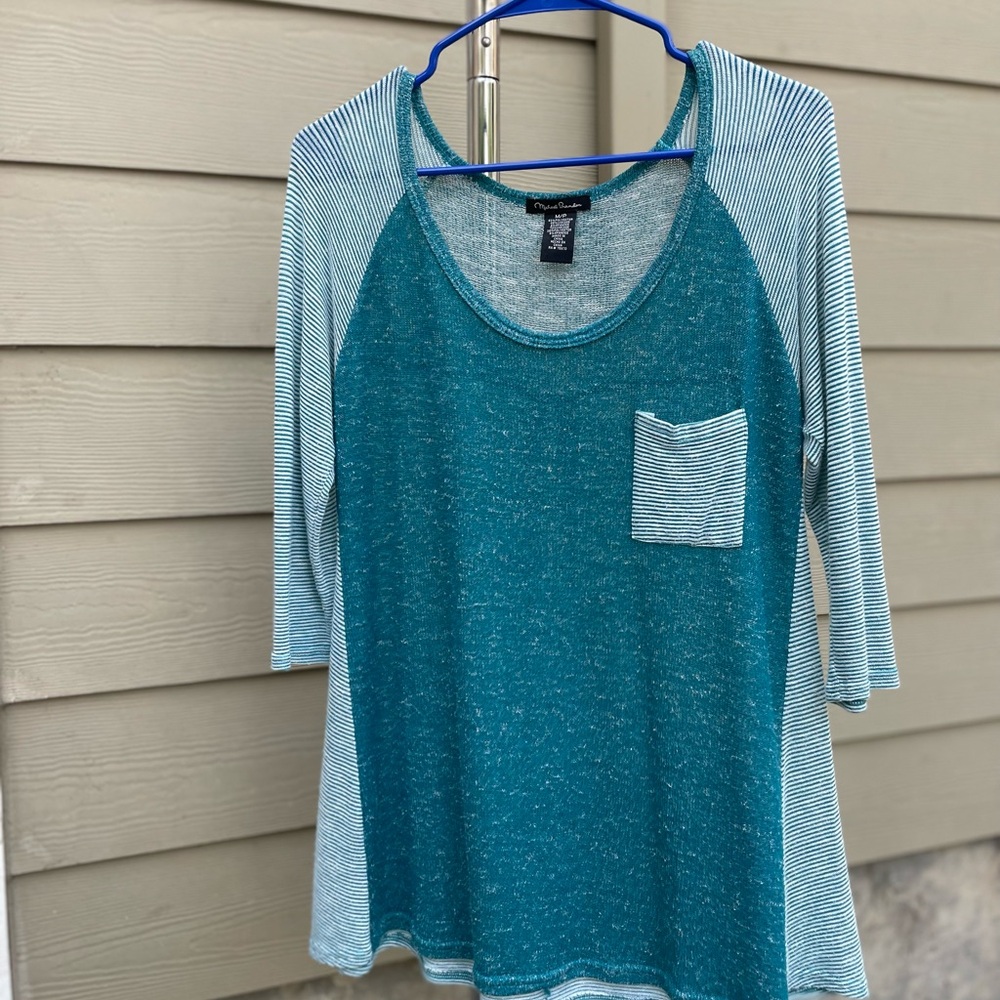 Michael Brandon Teal and White Long Sleeve Top